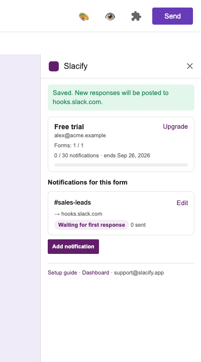 Slacify sidebar listing the notifications configured for a form, each with its webhook host and status