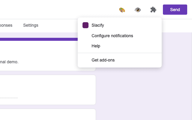 Google Forms Add-ons menu open, showing Slacify with Configure notifications and Help