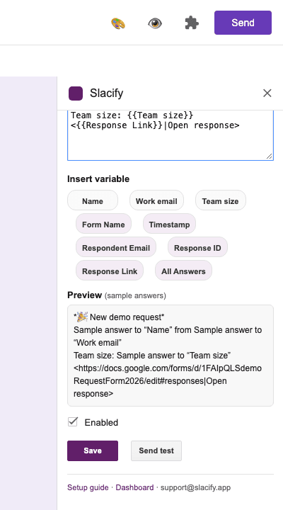 Slacify sidebar with a message template, clickable question variables and a live preview with sample answers