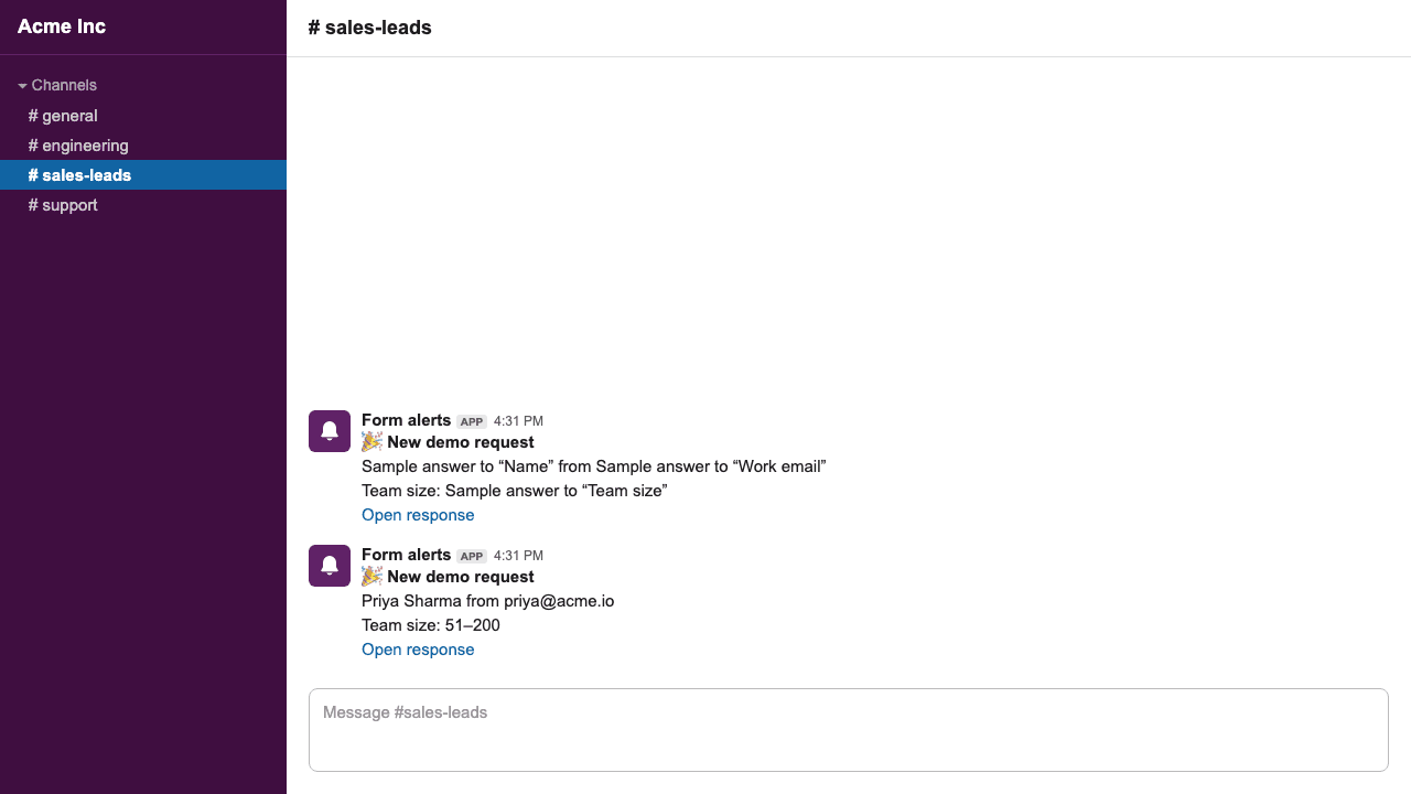 Two Slack messages with a bold title, answers on separate lines and an Open response link